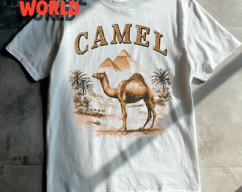 Camel Desert Vintage T-Shirt Retro Camel Graphic Tee with Pyramids and Palm Trees