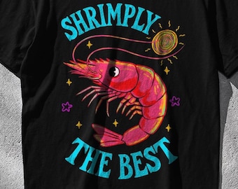 Shrimply The Best Funny Shrimp T-Shirt Cute Retro Seafood Tee, Colorful Cartoon Prawn Shirt, Humorous Ocean Lover Gift for Foodies