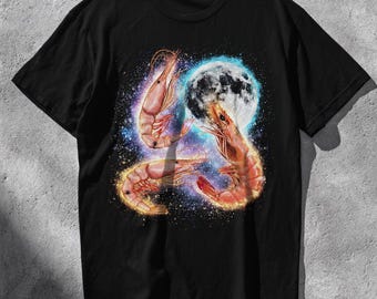 Three Shrimp & Moon Retro Tee, Vintage Prawn Graphic Shirt, Funny Seafood Lover Gift, Shrimply the best, Unisex Black T-Shirt, Retro Shrimp