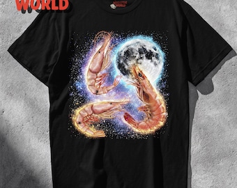 Three Shrimp & Moon Retro Tee, Vintage Prawn Graphic Shirt, Funny Seafood Lover Gift, Shrimply the best, Unisex Black T-Shirt, Retro Shrimp