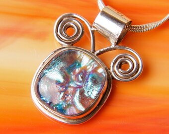 Solid Sterling .925 Silver Handmade Dichroic Fused Glass Pendant Necklace