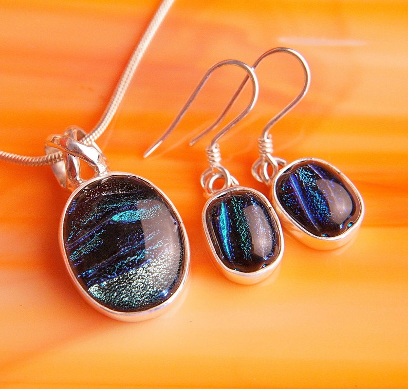 Handmade Dichroic Sterling Silver .925 Fused Glass Pendant Necklace Earrrings ...matching set... image 1