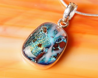 Solid Sterling .925 Silver Handmade Dichroic Fused Glass Pendant Necklace