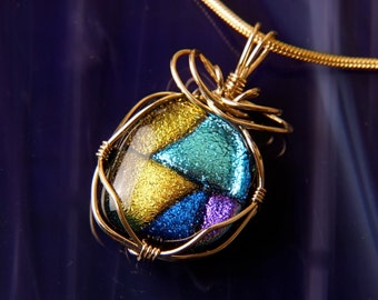 Handmade Dichroic Gold Wire Wrap Fused Glass Pendant Necklace