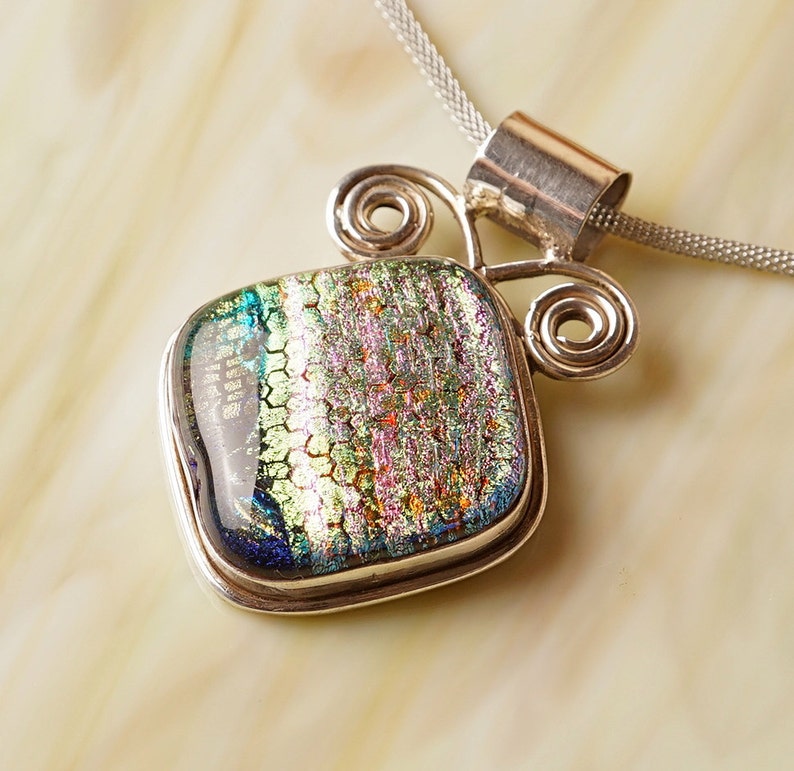 Solid Sterling .925 Silver Handmade Dichroic Fused Glass Pendant Necklace image 5