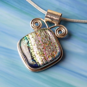 Solid Sterling .925 Silver Handmade Dichroic Fused Glass Pendant Necklace image 1