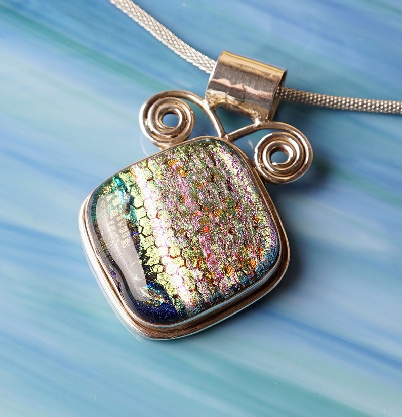 Solid Sterling .925 Silver Handmade Dichroic Fused Glass Pendant Necklace image 1