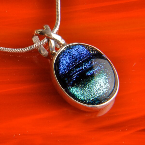 ON SALE Handmade Dichroic Fused Glass and Sterling Silver .925 Pendant Necklace