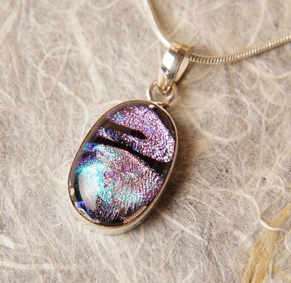 Fused Dichroic Glass Ball Cabochon Circular Pendant in Sterling Silver by SmithSilver