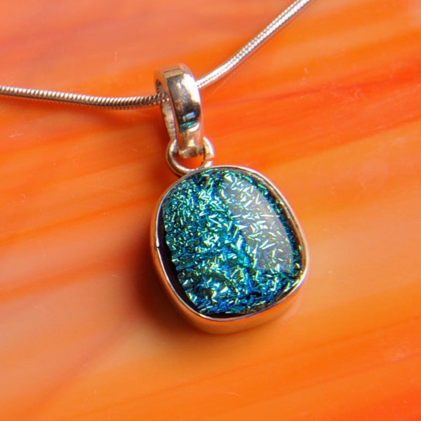 FREE GIFT Handmade Dichroic Fused Glass and Sterling Silver .925 Pendant Necklace