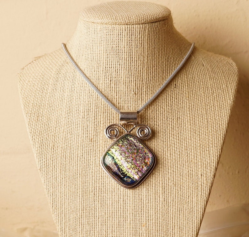 Solid Sterling .925 Silver Handmade Dichroic Fused Glass Pendant Necklace image 3