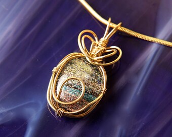 Handmade Dichroic Gold Wire Wrap Fused Glass Pendant Necklace