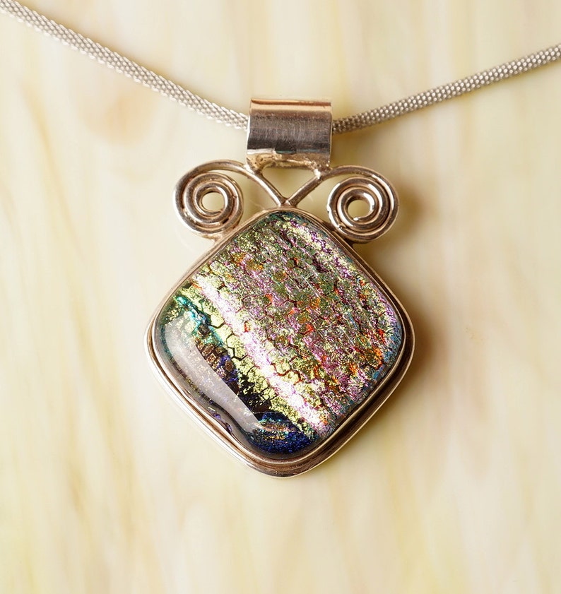 Solid Sterling .925 Silver Handmade Dichroic Fused Glass Pendant Necklace image 4