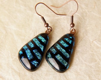 Handmade Dichroic Fused Glass Copper Earrings