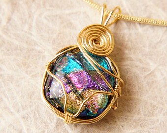 Handmade Dichroic Gold Wire Wrap Fused Glass Pendant Necklace