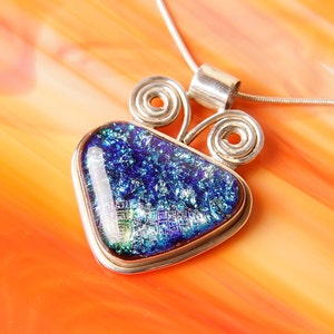 Solid Sterling .925 Silver Handmade Dichroic Fused Glass Pendant Necklace