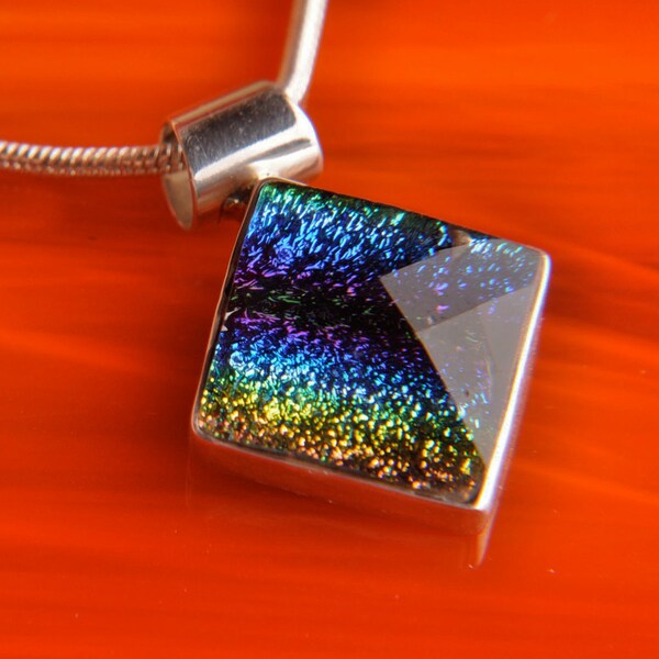 Solid Sterling .925 Silver Handmade Dichroic Fused Glass Pendant Necklace