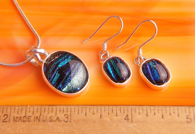 Handmade Dichroic Sterling Silver .925 Fused Glass Pendant Necklace Earrrings ...matching set... image 4