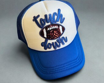 Football touch down sequin blue and white trucker patch hat