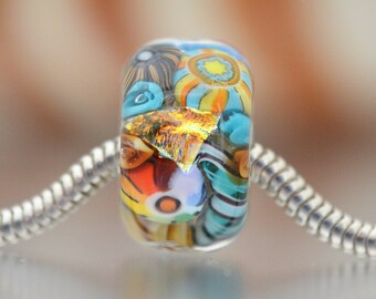 Big Hole Bead - Lampwork Glass Bead - VENICE BEACH - Glass Art Murrini - blue orange - dichroic - latticino