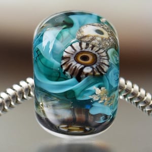 Encased Murrini Lampwork Big Hole Glass Bead - SEASIDE - charm bracelet bead - aqua, turquoise - glitter, dichroic, handmade latticino