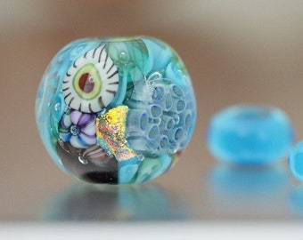 CANCUN BEACH Glass Beads - Set Handmade Lampwork Beads with Murrini & 2 Spacers - Ocean Series - underwater sea aqua turquoise