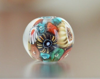 CARMEL TIDEPOOL Glass Bead - Handmade Round Encased Murrini Lampwork Bead - Ocean Series - aquarium sea - turquoise sand silver glass