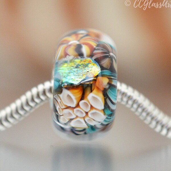 Lampwork Bead - Big Hole Glass Bead - CAMBRIA BEACH - Handmade Glass Art - sea aquarium underwater - turquoise topaz dichroic latticino