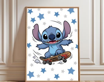 Póster de Stitch en patineta, arte mural de Stitch Ohana Skate, lámina de Lilo y Stitch, Stitch skater, habitación infantil, descarga digital