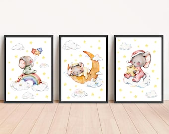 Conjunto de láminas decorativas para la habitación del bebé con diseño de ratoncitos. Lindos estampados de ratones para la habitación del bebé. Póster imprimible de animales para guardería con diseño de ratoncito dormilón.