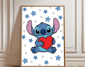 Póster de Stitch con corazón. Lindo Stitch sosteniendo un corazón rojo. Arte de pared de Lilo y Stitch. Regalo de amor. Descarga digital para imprimir.