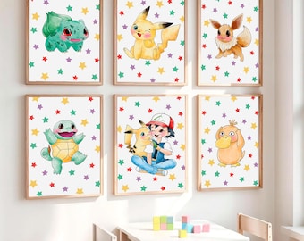 Set de pósteres de Pokémon: Pikachu, Bulbasaur, Squirtle, Eevee, Psyduck y Ash Ketchum. Láminas decorativas para pared, ideales para la habitación de los niños. Descarga digital.