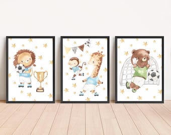 Juego de 3 láminas decorativas deportivas para habitación infantil, imprimibles, para niño, con diseño de animales y fútbol. Decoración neutra para habitación infantil. Descarga digital.