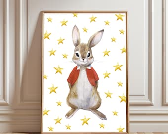 Póster de conejo, lindo conejito con chaqueta roja y estrellas, arte de pared clásico con el personaje del conejo para la habitación de los niños (descarga imprimible)