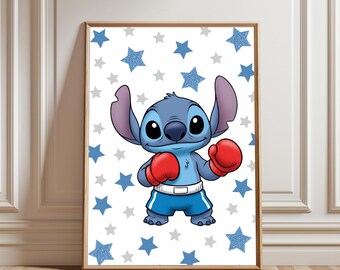 Póster de Stitch boxeador, lindo póster de Stitch boxeador para pared, lámina de Stitch luchador, decoración infantil de Disney para habitación de niños, descarga imprimible.
