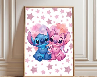 Póster de Stitch y Ángel. Lindo arte de pared de Stitch y Ángel. Impresión de Lilo y Stitch. Personajes románticos de Disney. Descarga digital.