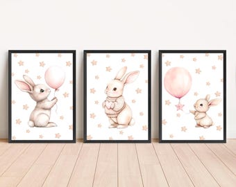 Póster imprimible de conejito para habitación infantil, decoración neutra para guardería, globo rosa con forma de animal, descarga digital.
