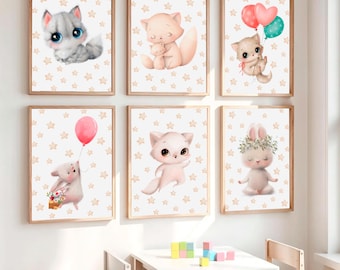 Conjunto de láminas decorativas de animales adorables para la habitación infantil, pósteres de animales bebés, decoración para la habitación de los niños, descarga digital imprimible, arte de conejitos y gatos.