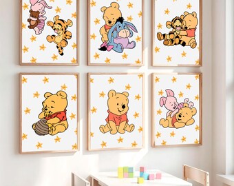 Set de 6 láminas decorativas de Winnie the Pooh para la habitación del bebé: Pooh, el oso, Tigger, Piglet, Eeyore. Póster digital para descargar.