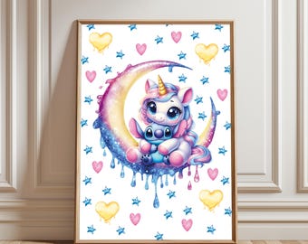Póster de Stitch y Unicornio. Lindo Stitch con un unicornio en la luna. Arte de pared de Lilo y Stitch para habitación infantil. Descarga digital para imprimir.
