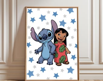 Póster de Stitch y Lilo. Arte de pared de Lilo y Stitch. Lindos personajes de Disney. Decoración para habitación infantil. Descarga digital.