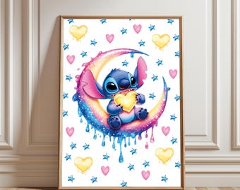 Póster de Stitch, Stitch adorable con un corazón en la luna, arte de pared de Lilo y Stitch, lámina de Stitch de Disney para habitación infantil (descarga digital)