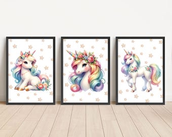 Póster imprimible de unicornio arcoíris para habitación infantil, decoración para habitación de niña, arte fantástico para guardería de bebé, descarga digital.