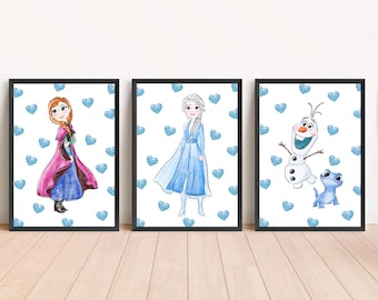 Conjunto de láminas decorativas de Frozen para pared: Elsa, Anna y Olaf. Set de pósteres de princesas Disney. Decoración para habitación de niñas. Descarga digital imprimible.