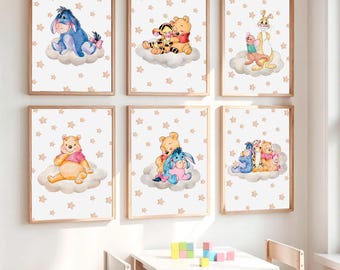 Set de 6 láminas decorativas imprimibles para la habitación del bebé con Winnie the Pooh, el oso, Tigger, Piglet, Eeyore y la nube. Descarga digital.