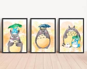Conjunto de pósteres de Totoro, arte de pared de Studio Ghibli, decoración infantil de Totoro, láminas de Totoro para habitación infantil, descarga imprimible, arte del trío de Totoro