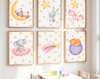 Baby Nursery Wall Art Set of 6 Printable Neutral Nursery Decor Sleepy Animals Moon Stars Kids Room Decor Baby Room Digital Download