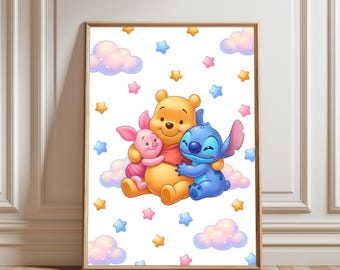 Póster de Winnie the Pooh, Piglet y Stitch, Lindo Pooh con sus amigos, Arte de pared, Impresión de personajes de Disney, Descarga digital