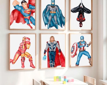 Conjunto de pósteres de superhéroes para pared: Batman, Superman, Iron Man, Spider-Man, Thor y Capitán América. Descarga digital imprimible.