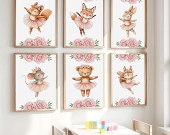 Set de 6 láminas decorativas imprimibles para la habitación de la bebé niña con temática de bailarinas. Póster de ballet con animales adorables y flores rosas. Descarga digital.